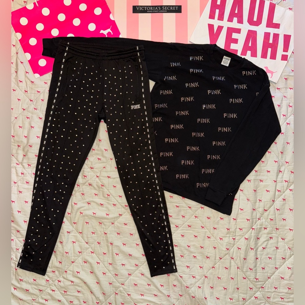 VS PINK SET TRACK PANTS & CAMPUS TEE SHIRT BLACK BLING RHINESTONE LOGO RARE SM